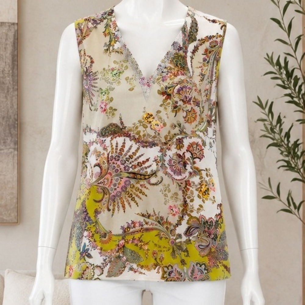 Basler Womens Blouse Paisley Rhinestone Sleeveless Green Multi Size 34 US 4